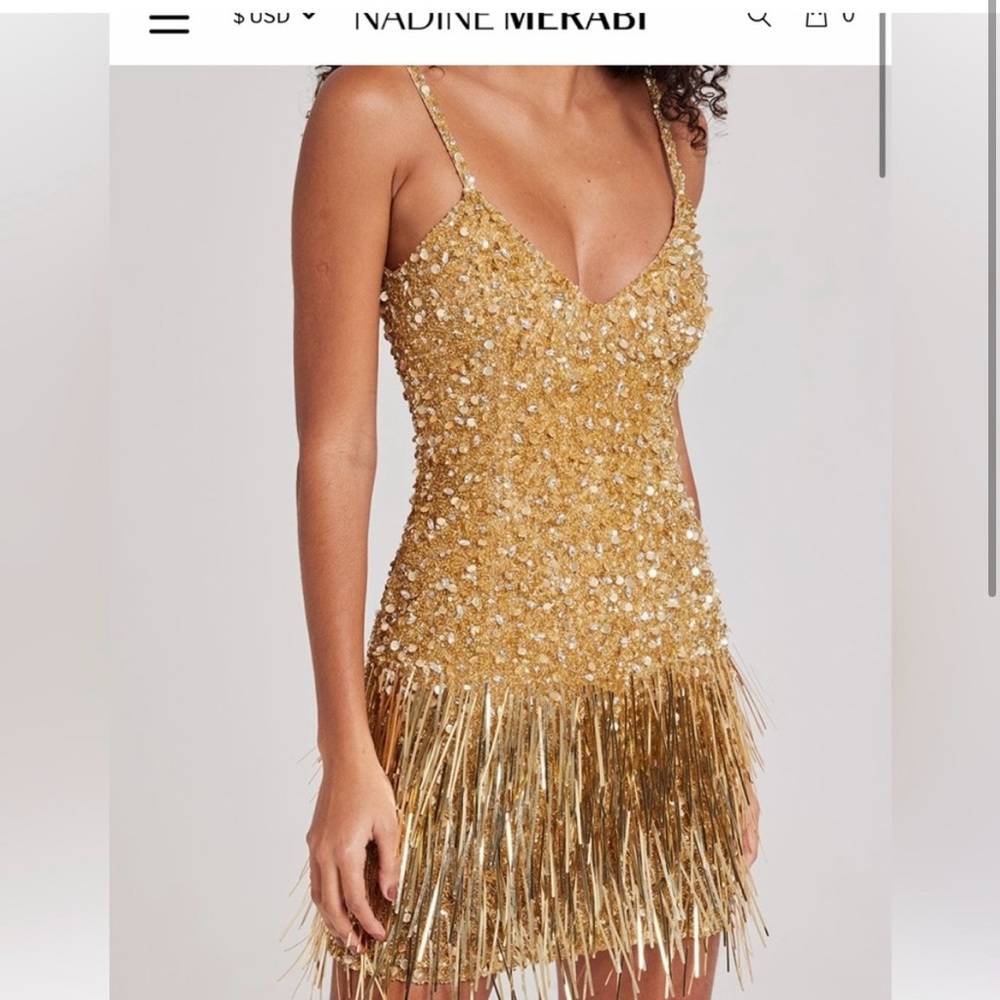 Nadine Merabi gold Kendal dress. As seen on Alix Earle